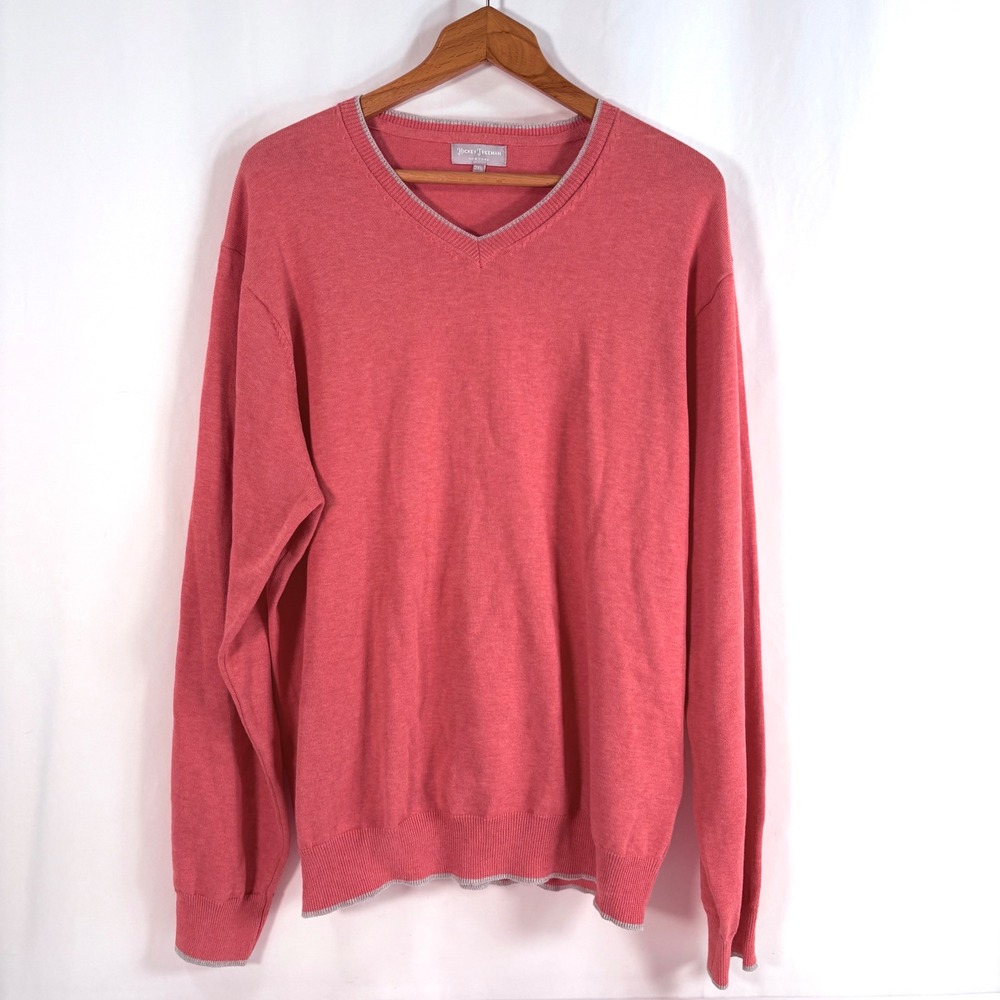 Hickey Freeman Sweater Salmon Pink Pima Cotton V-Neck Contrast Trim 2XL
